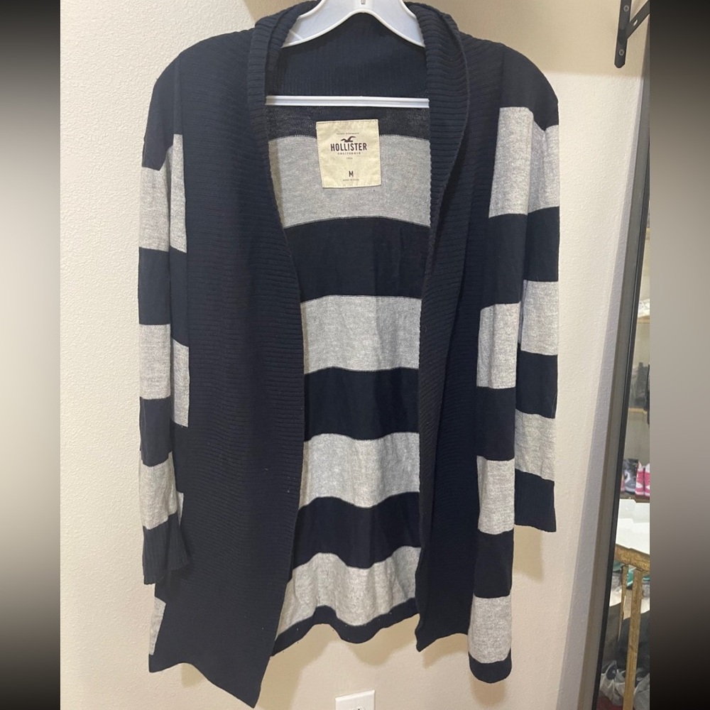Hollister Navy and Gray Striped Cardigan Sweater